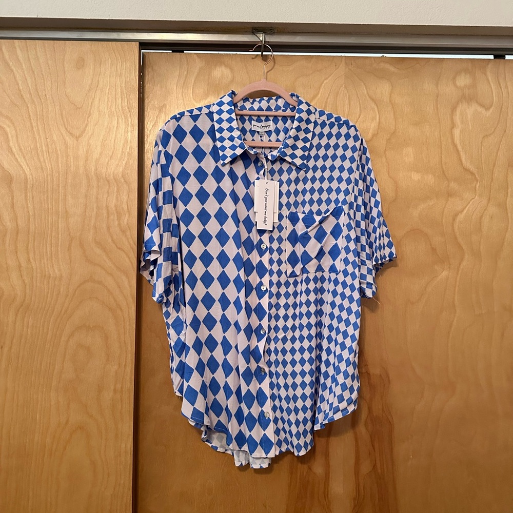 Proud Poppy Blue and White Geometric Button Up